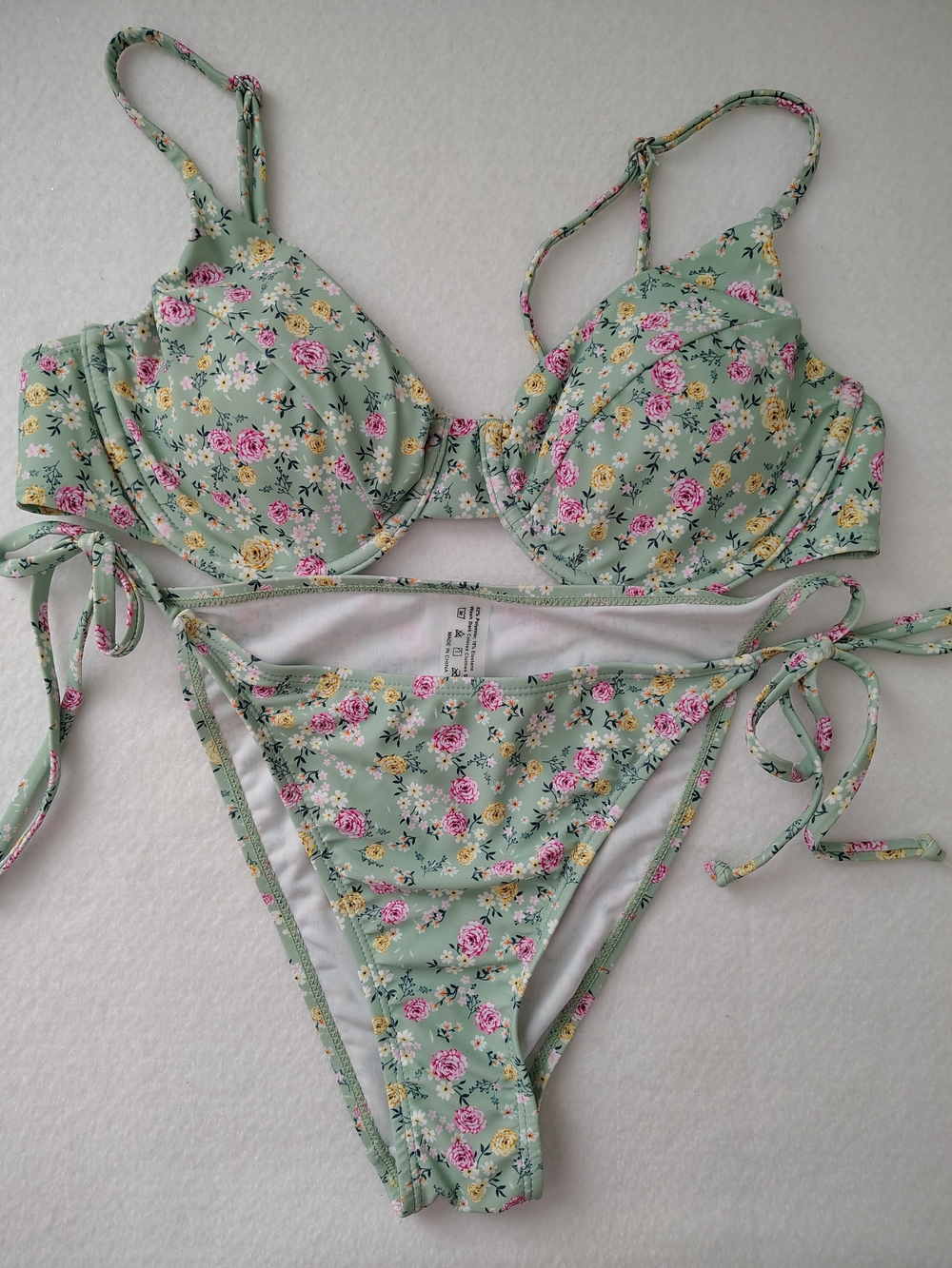 SHEIN Mint Green Floral Tie-Side Bikini